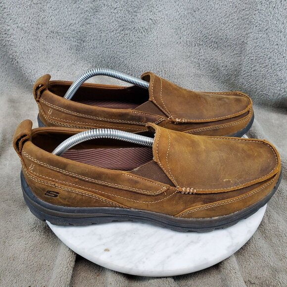 Skechers Shoes Mens Size 9.5 Superior Gains Relaxed Fit Brown Leather Loafers - Picture 6 of 9